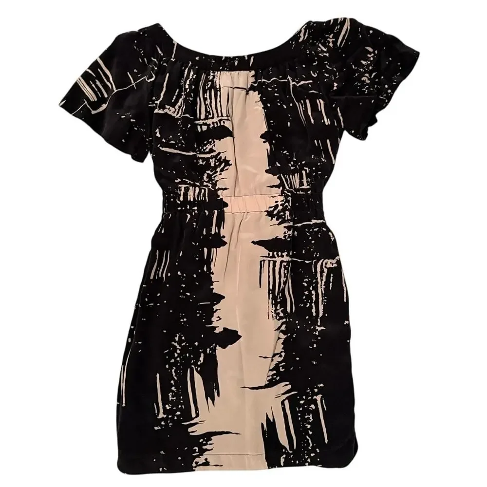 Yoana Baraschi Silk Black Cream Print Flutter Dress Sz 6 - Picture 2 of 5